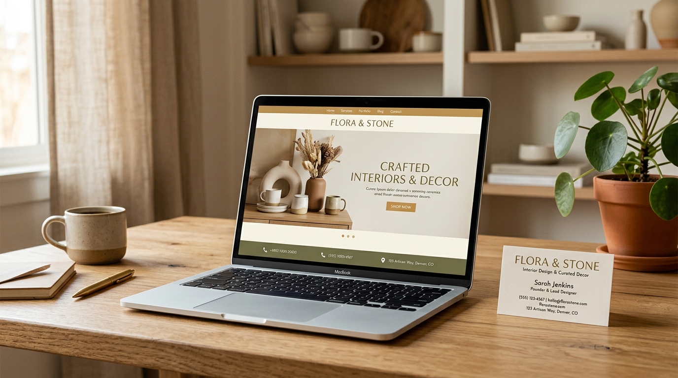 Professional small business website displayed on a laptop next to a business card on a warm wooden desk