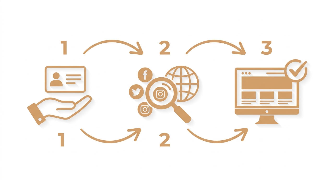 Three-step process: upload business card, research and design, receive your website